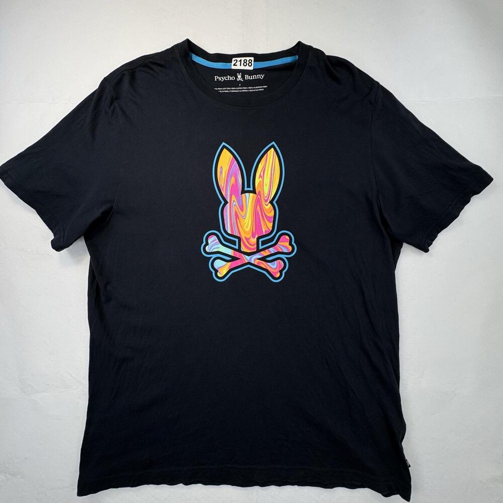 Psycho Bunny Shirt Mens 2XL Blue Pima Cotton Psychedelic Bunny Skull Graphic Tee